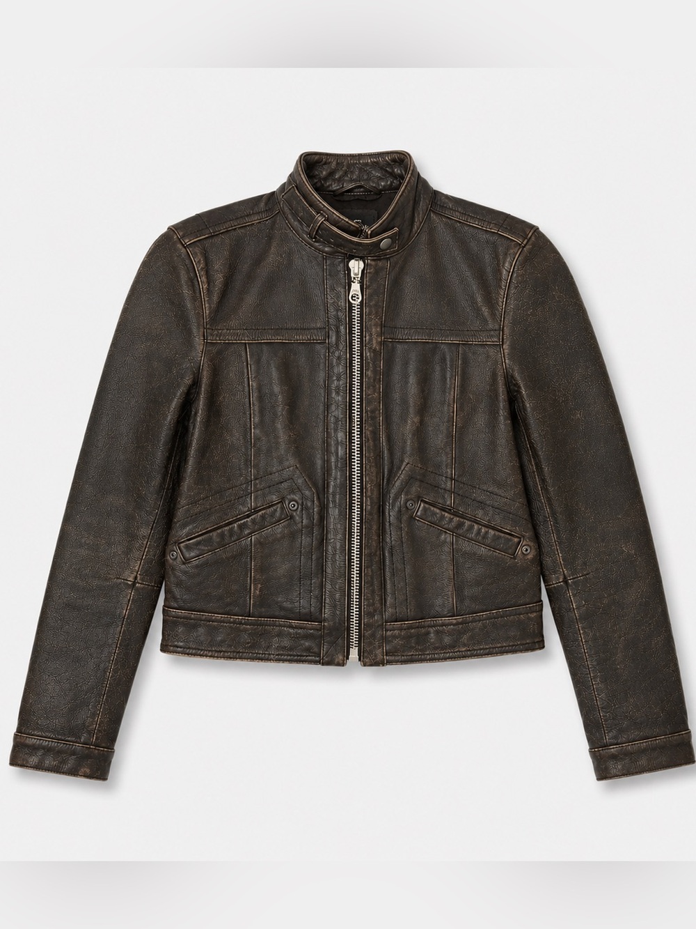 Vintage 90s Distressed Leather Moto Jacket | Y2K Cropped Biker Zip Jacket